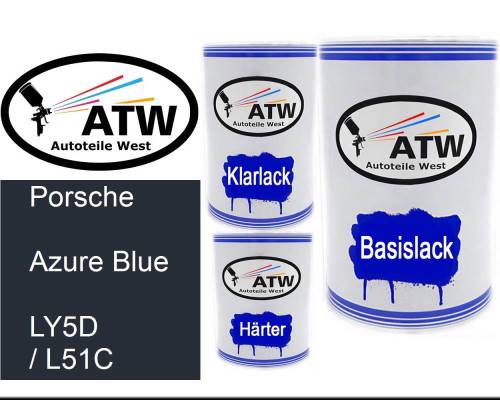 Porsche, Azure Blue, LY5D / L51C: 500ml Lackdose + 500ml Klarlack + 250ml Härter - Set, von ATW Autoteile West.